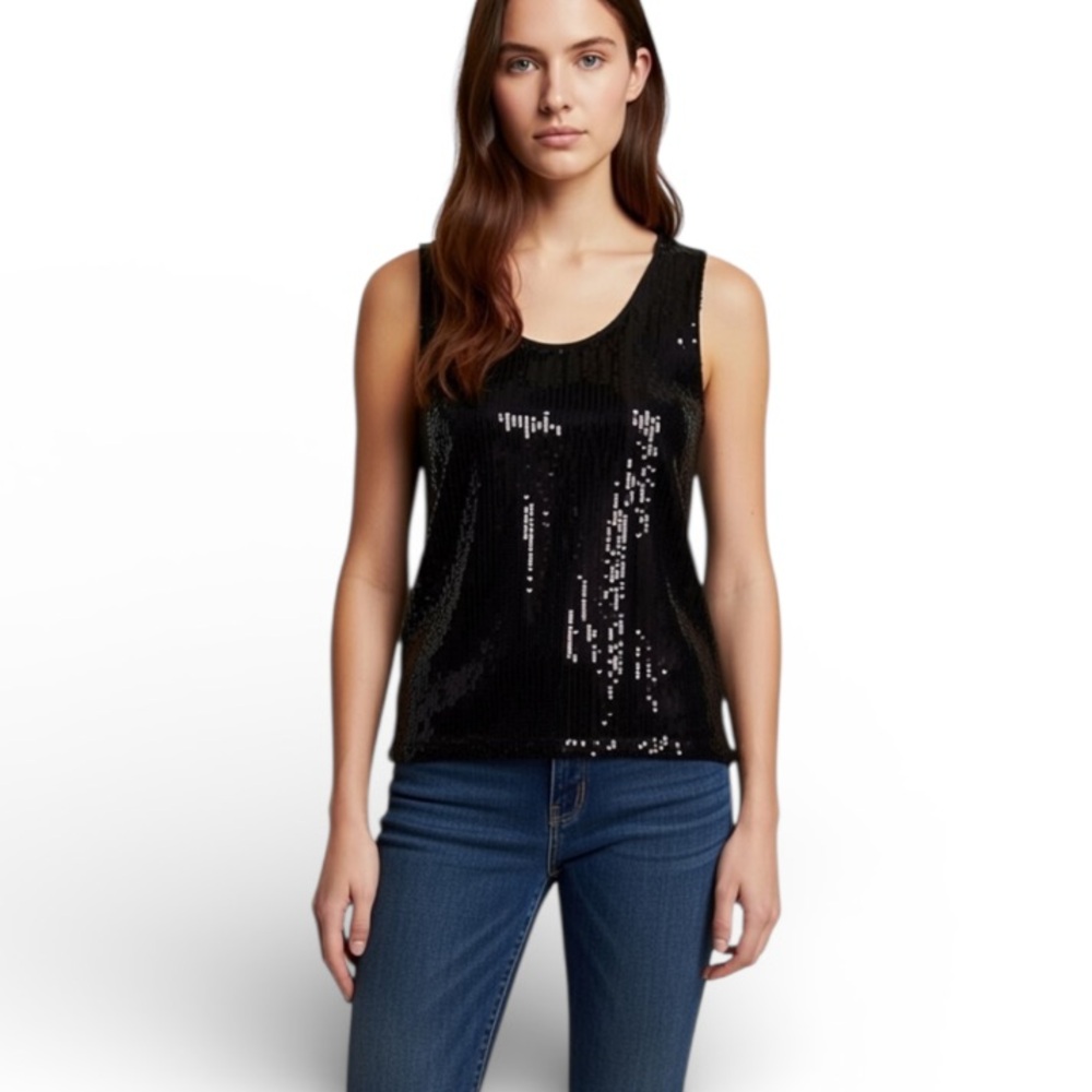 IMPRESSIONS of California Vintage Black Sequin Sleeveless Tank Top/Cami